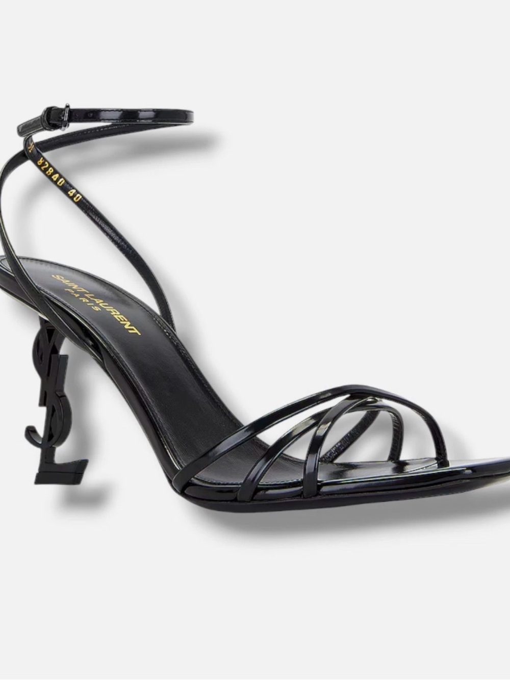 Saint Laurent Black Patent Leather Logo-Heel Strappy Sandal